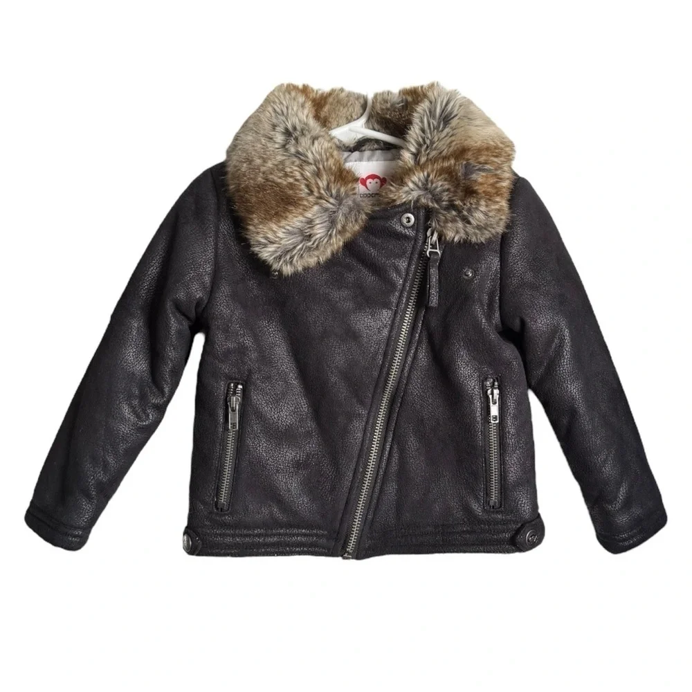 Appaman Moto Jacket Girls Size 5 Black Faux Fur Trim Collar Faux Leather Winter